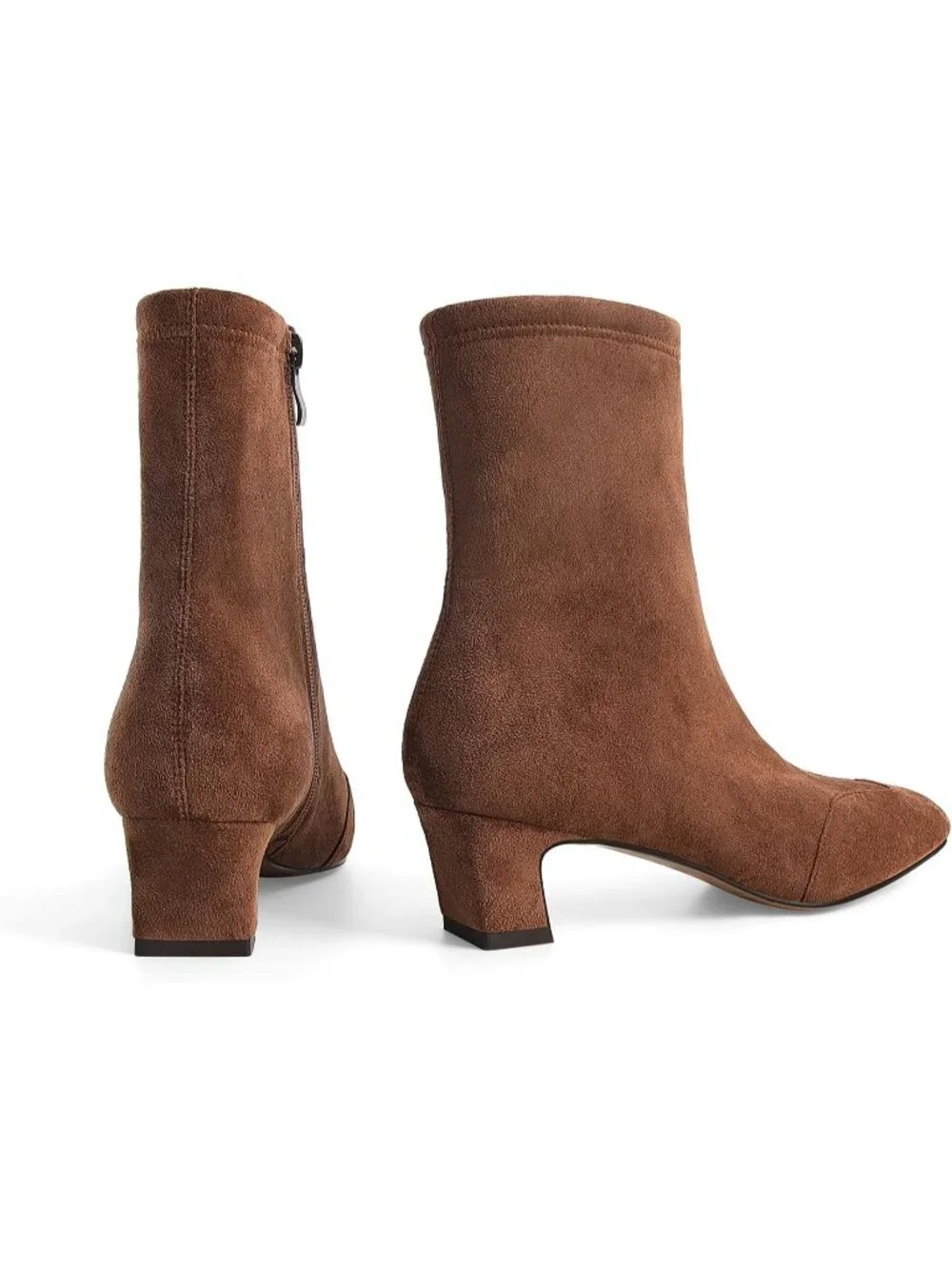 Women's Brown Suede Faux Leather Square Toe Low Heel Booties with Side Zipper